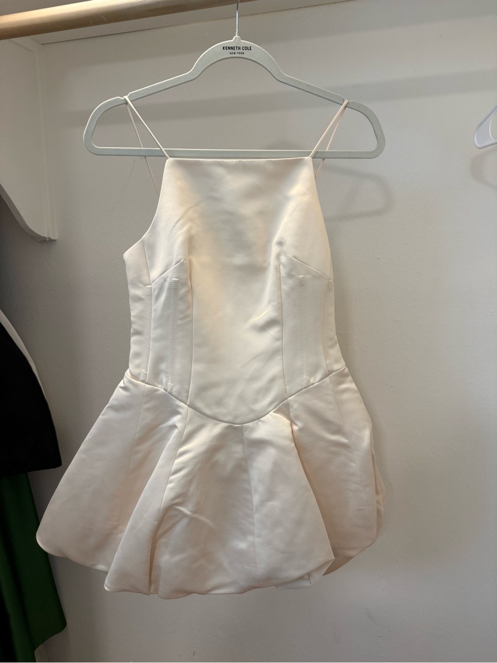 LoveShackFancy Ivory Satin Mini Dress with Spaghetti Straps